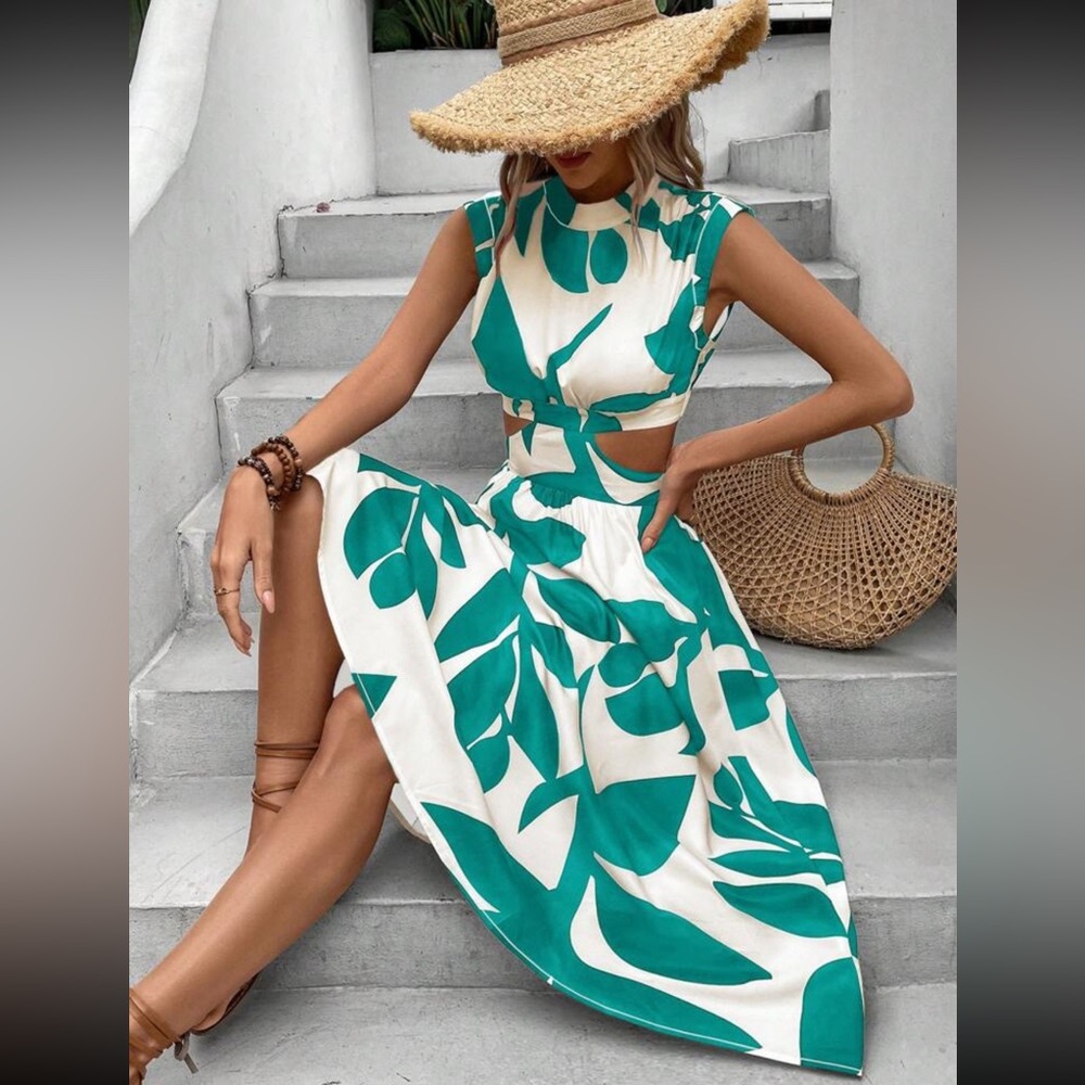 SHEIN Blue and White Leaf Pattern Dress NEW Without Tags MIDI